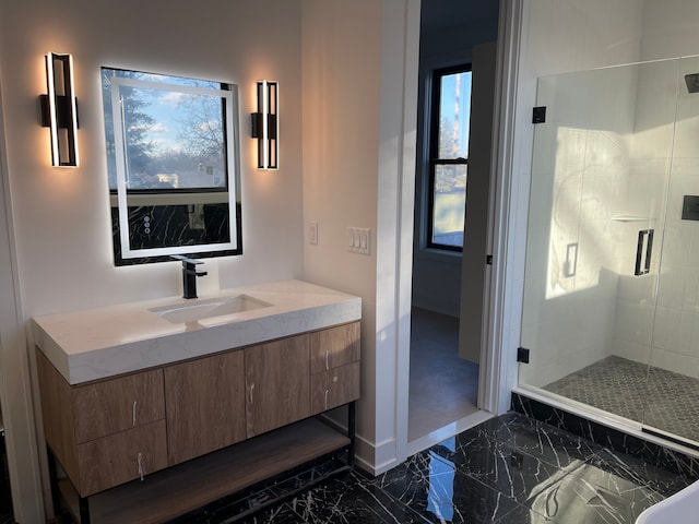 bathroom featuring vanity, a wealth of natural light, and walk in shower