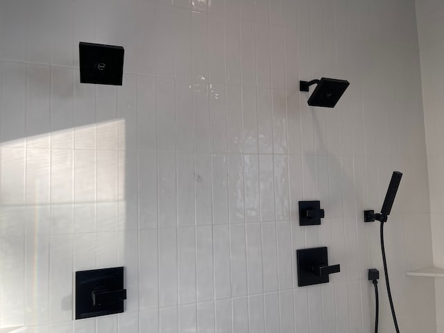 interior details featuring a tile shower