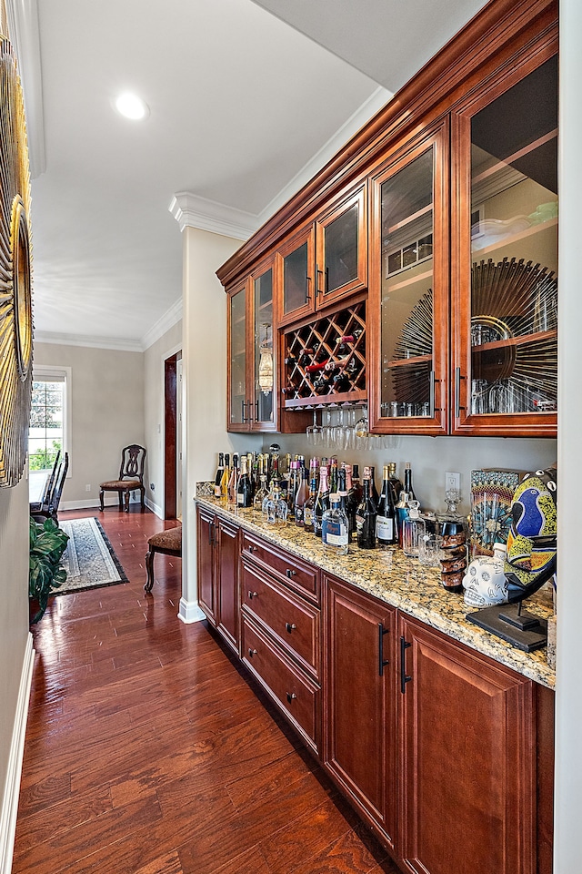18 Sand Bar Ln, Detroit, MI 48214 - indoor dry bar with baseboards, crown molding, dark wood-style floors, and recessed lighting