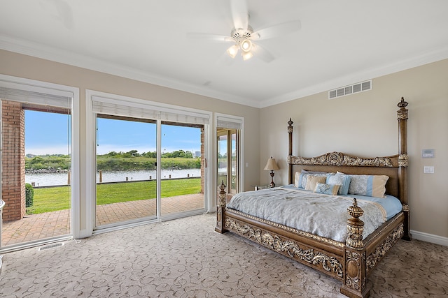 bedroom featuring access to exterior, ceiling fan, a water view, and carpet floors