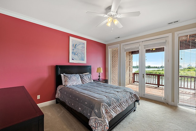 bedroom with access to outside, ceiling fan, carpet, and ornamental molding