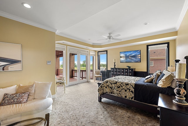 carpeted bedroom with ceiling fan, crown molding, and access to outside