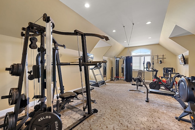 18 Sand Bar Ln, Detroit, MI 48214 - exercise area with baseboards, carpet floors, vaulted ceiling, and recessed lighting