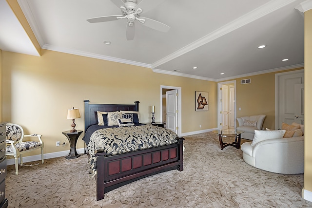 carpeted bedroom with ceiling fan and ornamental molding