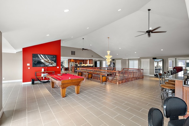 rec room featuring ceiling fan, high vaulted ceiling, and billiards