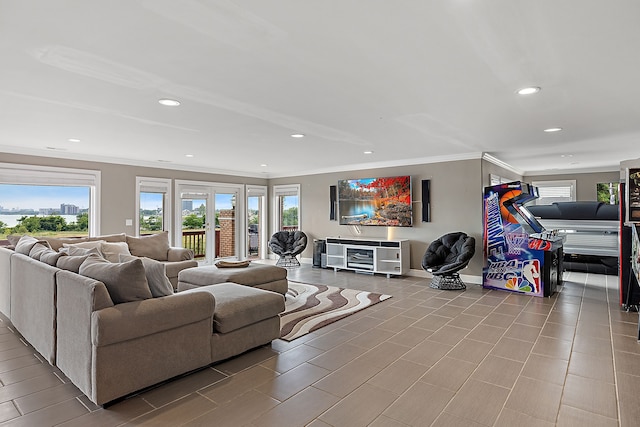 living room with crown molding