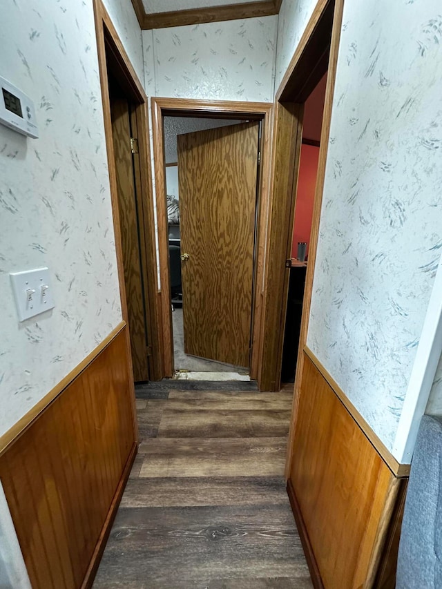 corridor with dark hardwood / wood-style flooring