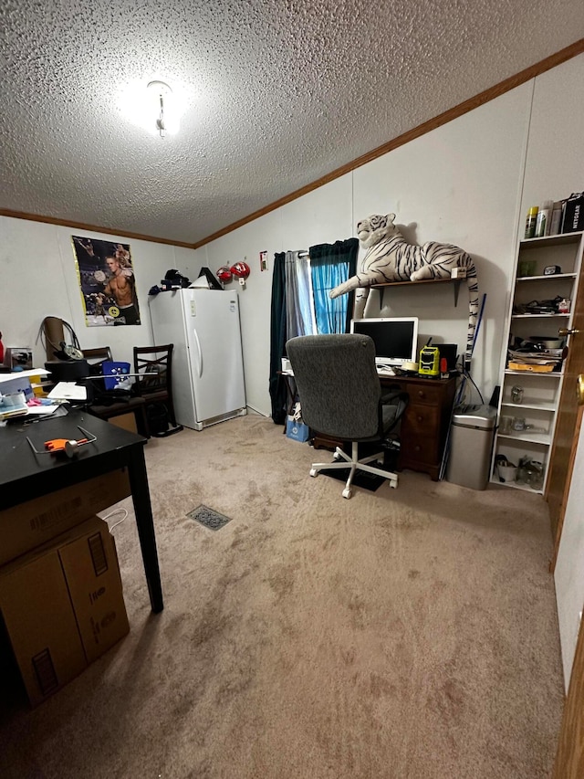 office space featuring carpet flooring, ornamental molding, and a textured ceiling