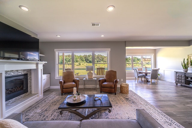 living room with a fireplace, hardwood / wood-style flooring, and plenty of natural light