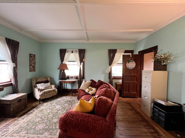 living room featuring hardwood / wood-style floors, plenty of natural light, crown molding, and coffered ceiling