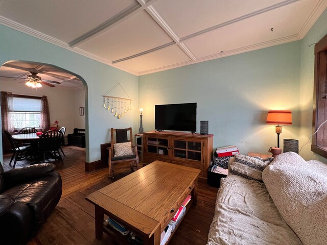 living room with ceiling fan, dark hardwood / wood-style flooring, ornamental molding, and coffered ceiling