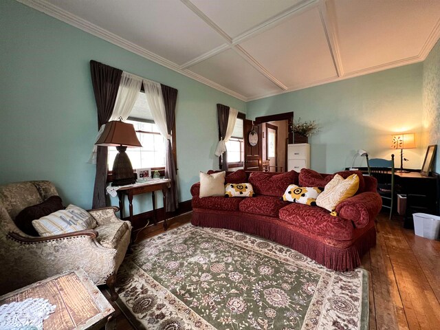 living room with wood-type flooring and crown molding