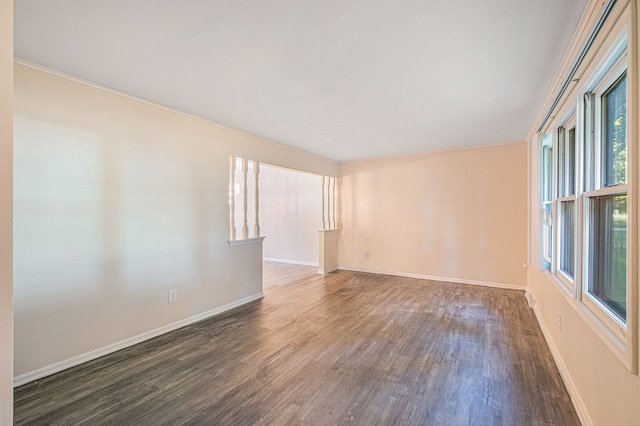 spare room featuring ornamental molding and dark wood-type flooring