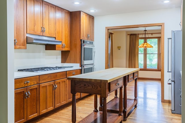 1477 E Hastings Lake Rd, Jonesville, MI 49250 - kitchen featuring stainless steel appliances, under cabinet range hood, light wood-type flooring, brown cabinetry, and light countertops