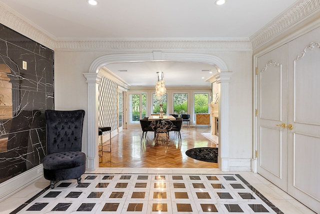 interior space featuring parquet floors and crown molding