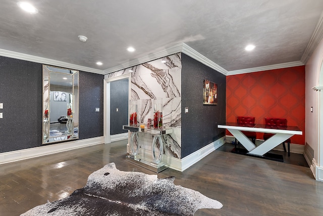 interior space featuring dark hardwood / wood-style flooring and crown molding