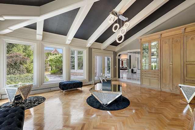 interior space with vaulted ceiling with beams