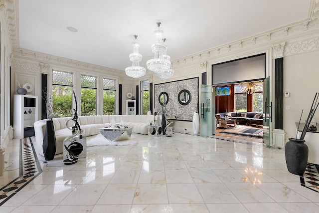 living room featuring a chandelier