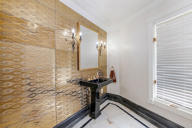 bathroom with ornamental molding