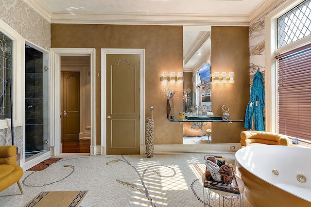 bathroom featuring a bath, wood-type flooring, a baseboard radiator, and ornamental molding