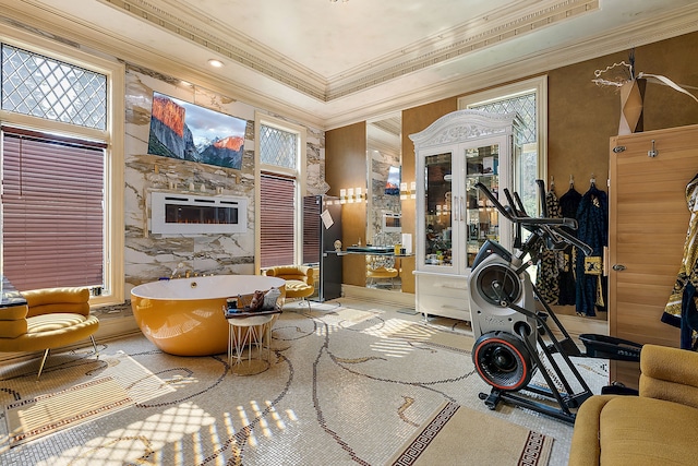 exercise area featuring a healthy amount of sunlight, ornamental molding, and heating unit