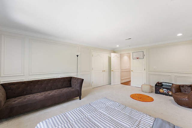 carpeted bedroom with crown molding