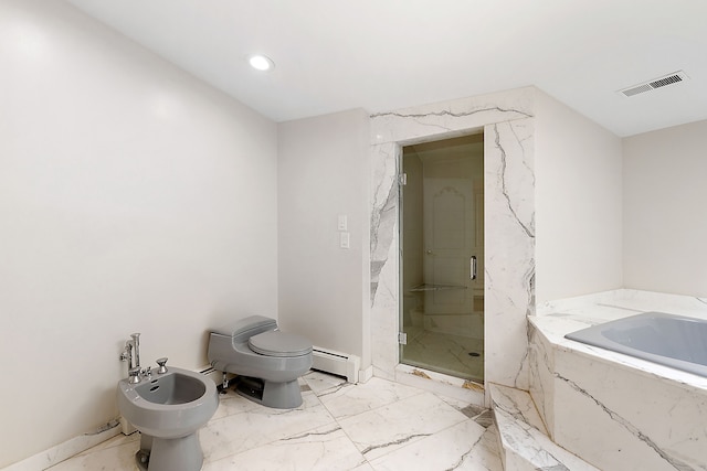 bathroom with a bidet, toilet, baseboard heating, and independent shower and bath