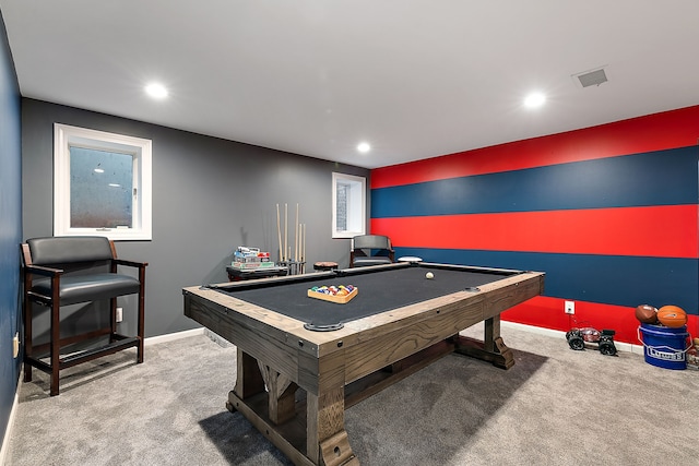 playroom with carpet floors and pool table