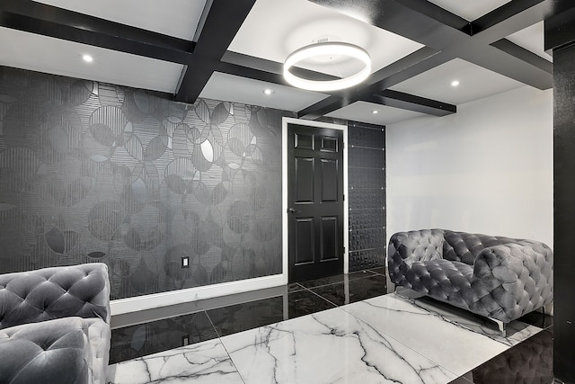 bedroom featuring beam ceiling and coffered ceiling