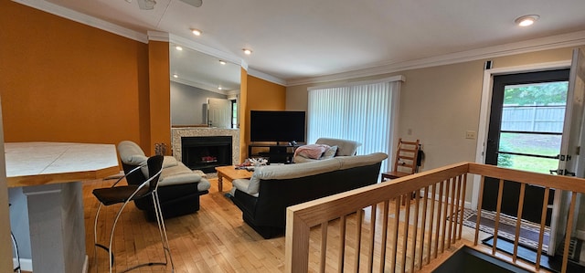 living room with light hardwood / wood-style flooring and crown molding