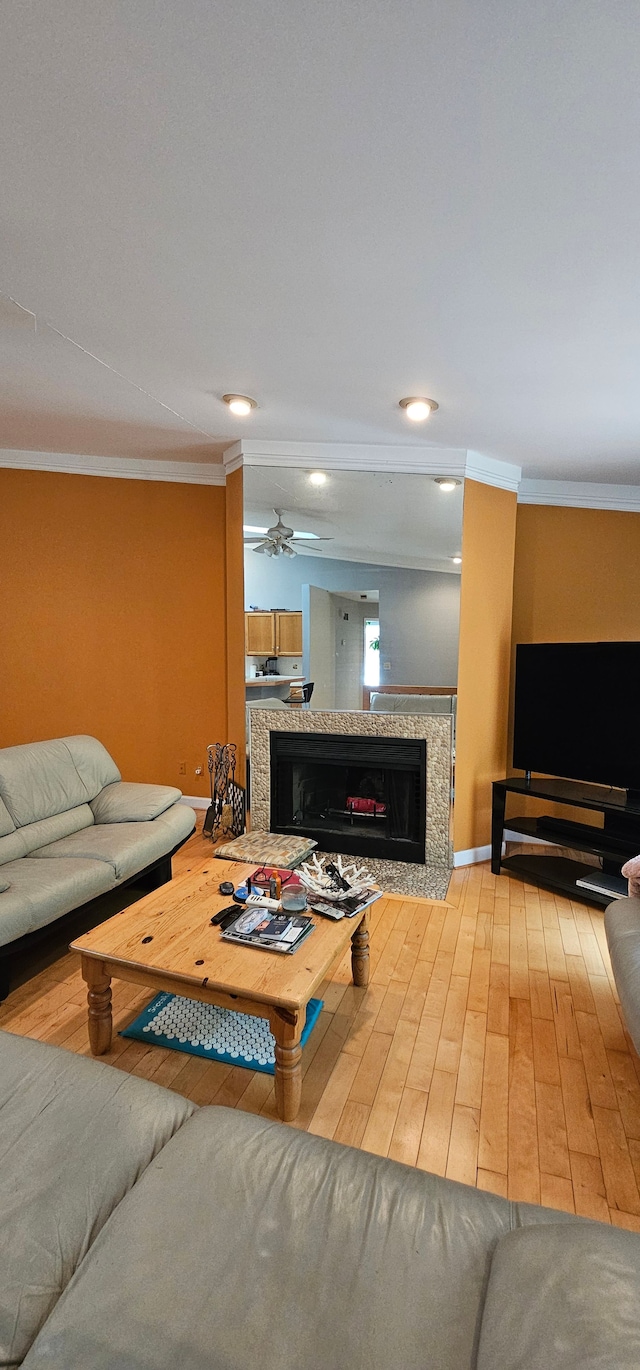 living room with light wood-type flooring, ceiling fan, and crown molding