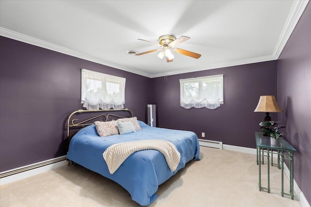 carpeted bedroom with crown molding, a baseboard radiator, and ceiling fan