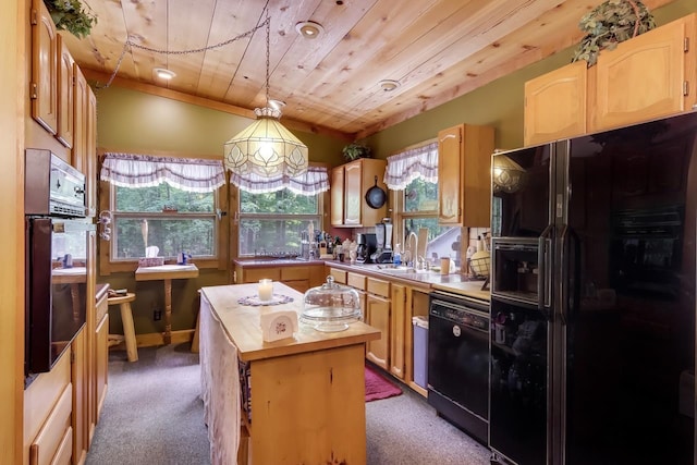 kitchen featuring carpet flooring, pendant lighting, a center island, and black appliances