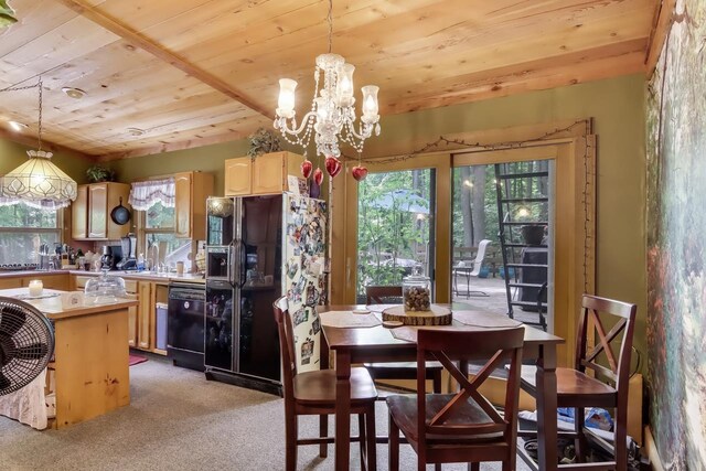 carpeted dining room featuring wooden ceiling and a notable chandelier