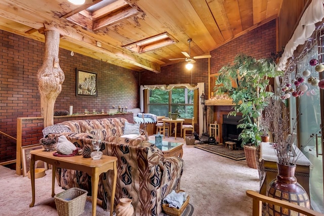 living room with ceiling fan, brick wall, carpet floors, lofted ceiling, and wood ceiling