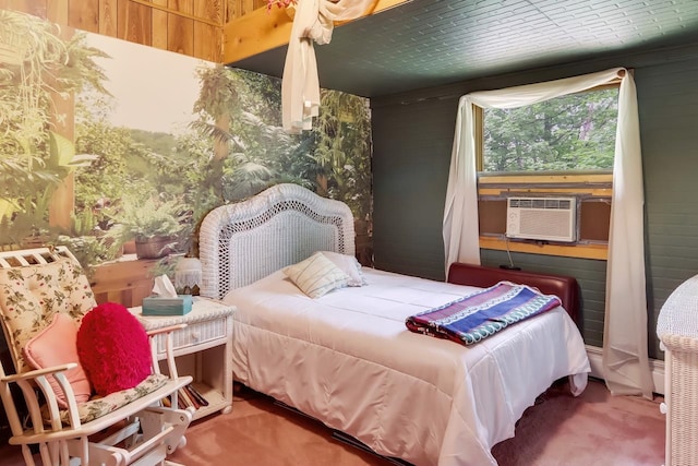 carpeted bedroom with wood walls and cooling unit