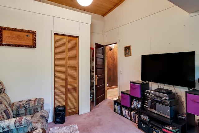 interior space with carpet flooring and wooden ceiling