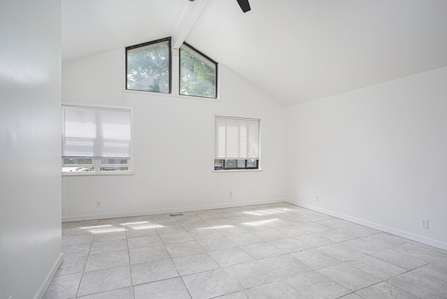 spare room with beamed ceiling, baseboards, high vaulted ceiling, and a ceiling fan