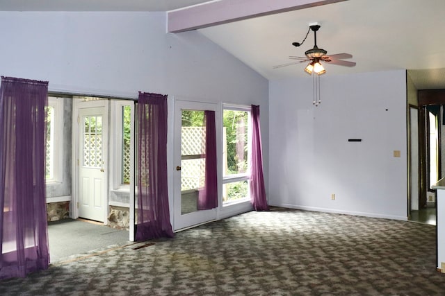 interior space featuring carpet, beam ceiling, high vaulted ceiling, and ceiling fan