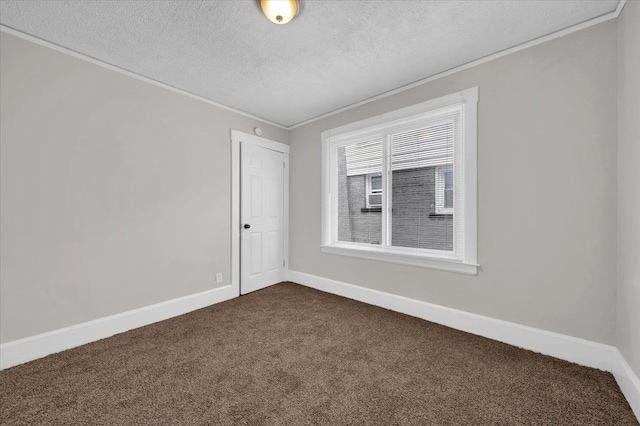 carpeted empty room featuring ornamental molding and a textured ceiling