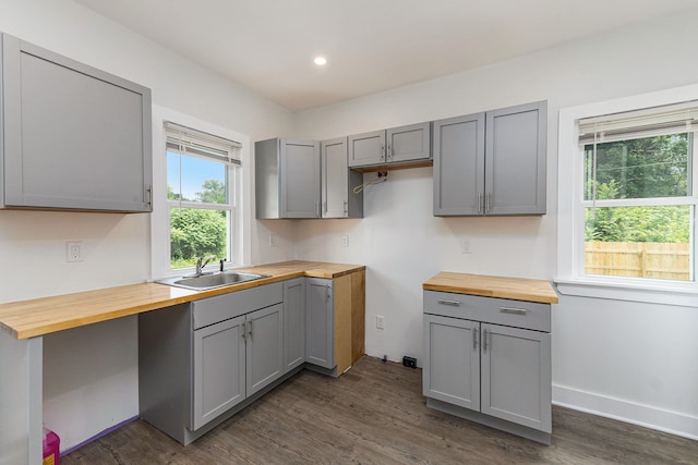 kitchen featuring butcher block countertops, plenty of natural light, and gray cabinetry