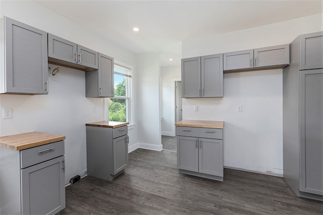 kitchen with wood counters, gray cabinets, and dark wood-type flooring