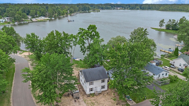 drone / aerial view featuring a water view