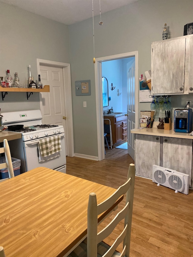 kitchen with hardwood / wood-style floors, white gas stove, and sink