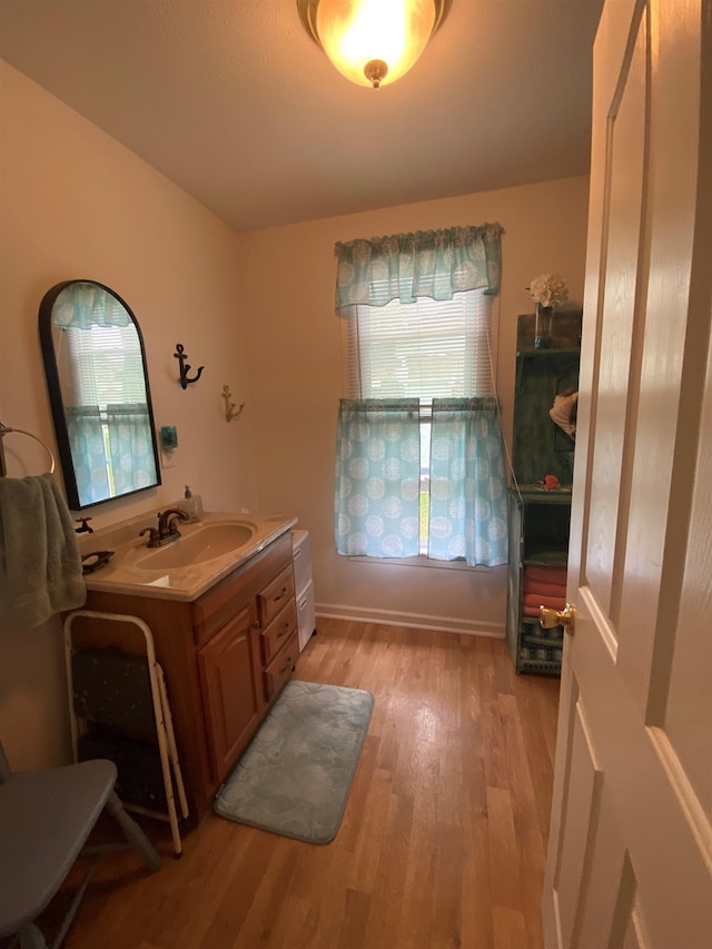 bathroom featuring hardwood / wood-style floors, vanity, and a healthy amount of sunlight