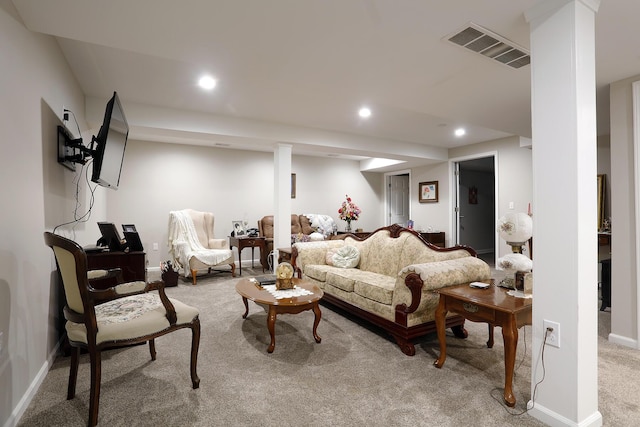 807 War Bonnet Dr, Tecumseh, MI 49286 - living room with baseboards, visible vents, recessed lighting, and light carpet