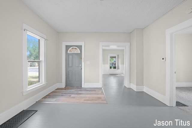 foyer with wood-type flooring, a textured ceiling, and a wealth of natural light