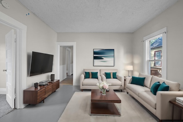 living room featuring a textured ceiling