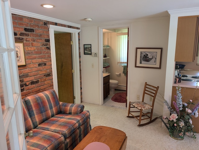 carpeted living room featuring baseboard heating and ornamental molding