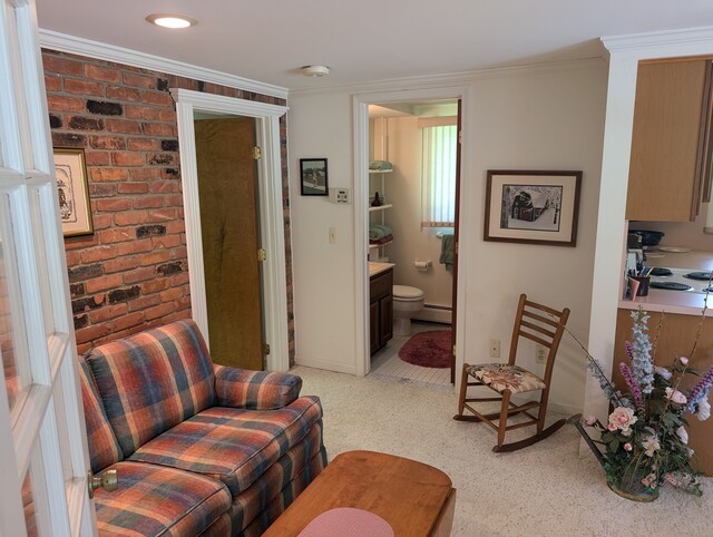 3641 Green Lake Rd, West Bloomfield, MI 48324 - living area featuring light carpet, a baseboard radiator, and ornamental molding